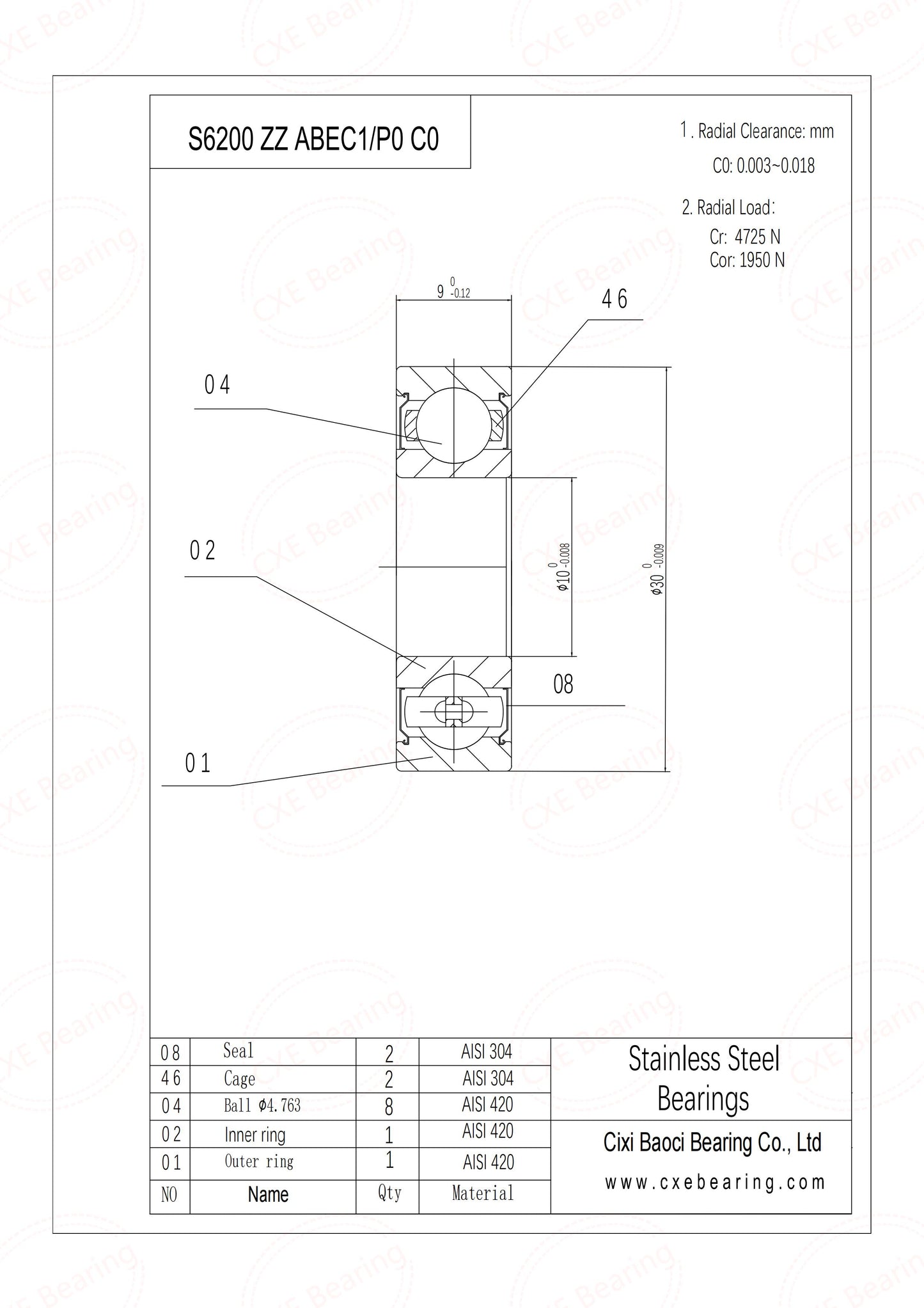 Vòng bi thép không gỉ S6200-ZZ 10x30x9mm
